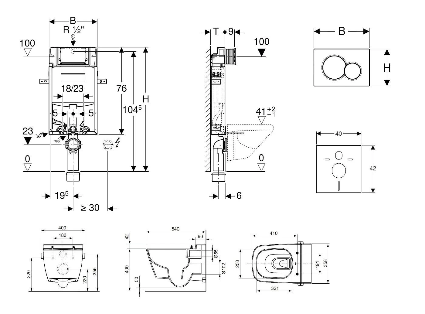 Geberit Kombifix - Inbouwreservoir Voor Hangend Toilet Met SIGMA01 Bedieningsknop, Alpine Wit + Tece One - Hangend Douche-wc En Wc-bril, Rimless, SoftClose 110.302.00.5 NT1 - Afbeelding 2
