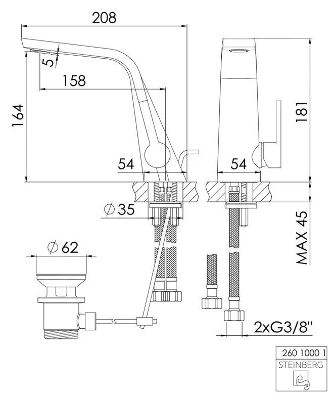 Steinberg 260 - Wastafelkraan Met Waste, Geborsteld Nikkel 260 1000 1 BN - Afbeelding 2
