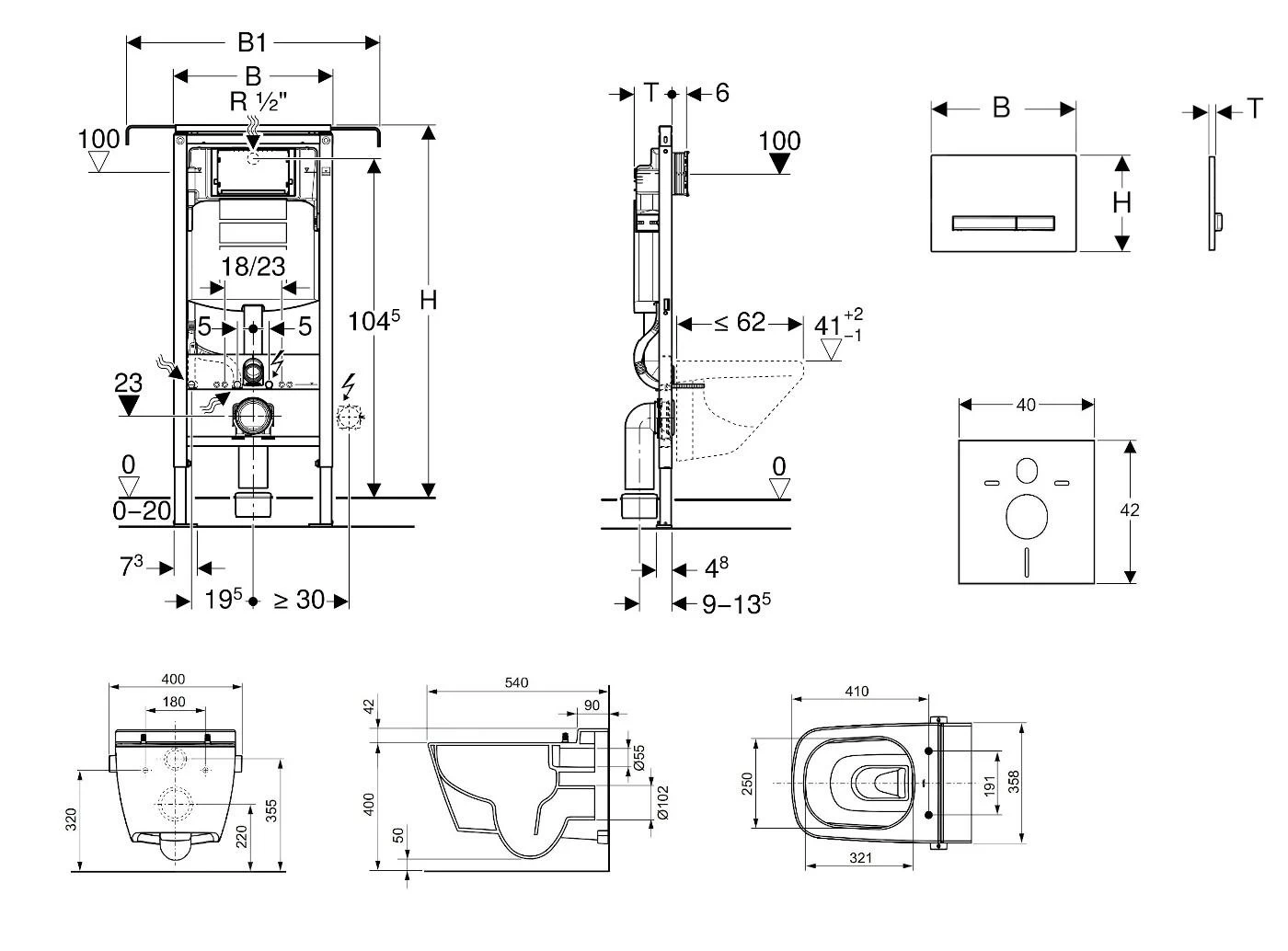Geberit Duofix - Inbouwreservoir Voor Hangend Toilet Met SIGMA50 Bedieningsknop, Alpine Wit + Tece One - Hangend Douche-wc En Wc-bril, Rimless, SoftClose 111.355.00.5 NT8 - Afbeelding 2
