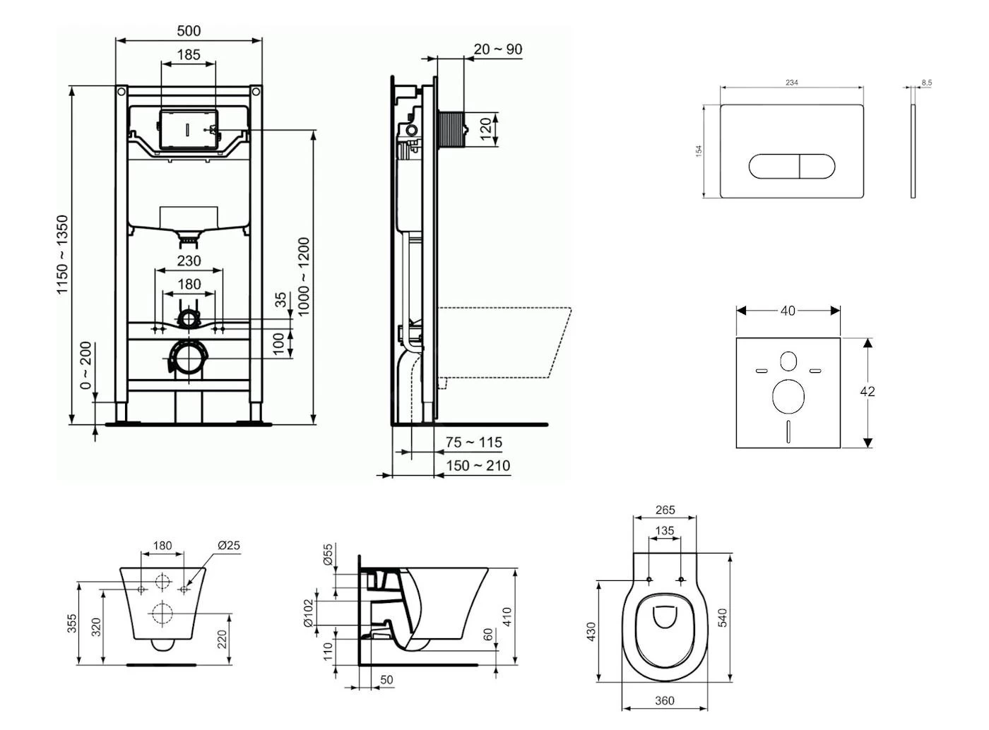 Ideal Standard ProSys - Toiletset- Inbouwreservoir, Closet, WC-zitting Connect Air, Oleas M1 Bedieningsplaat, Aquablade, SoftClose, Chroom ProSys120M SP24 - Afbeelding 2