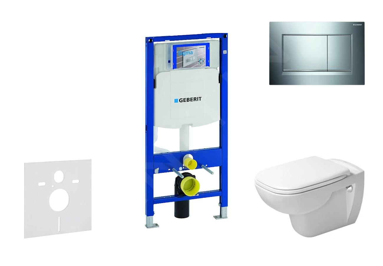 Geberit Duofix - Toiletset Met Sigma30 Bedieningsplaat, Glanzend Chroom/mat Chroom + Duravit D-Code Hangend Toilet En Wc Bril, Rimless, SoftClose 111.300.00.5 NH6
