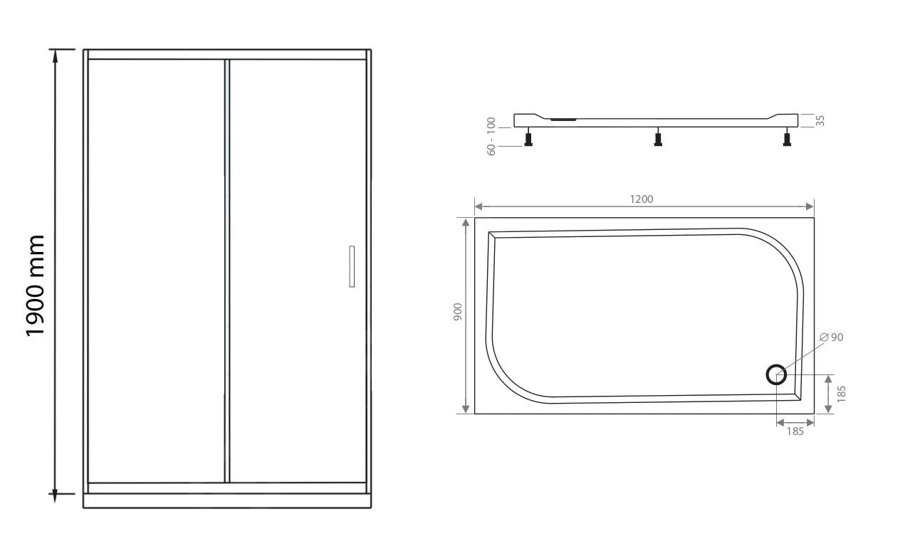 Lansanit LitIN Vati - Douchecabine 3 Delig 900x1200 Mm, Incl. Douchebak, Glanzend Aluminium/helder Glas SR90X120-C-SET - Afbeelding 2