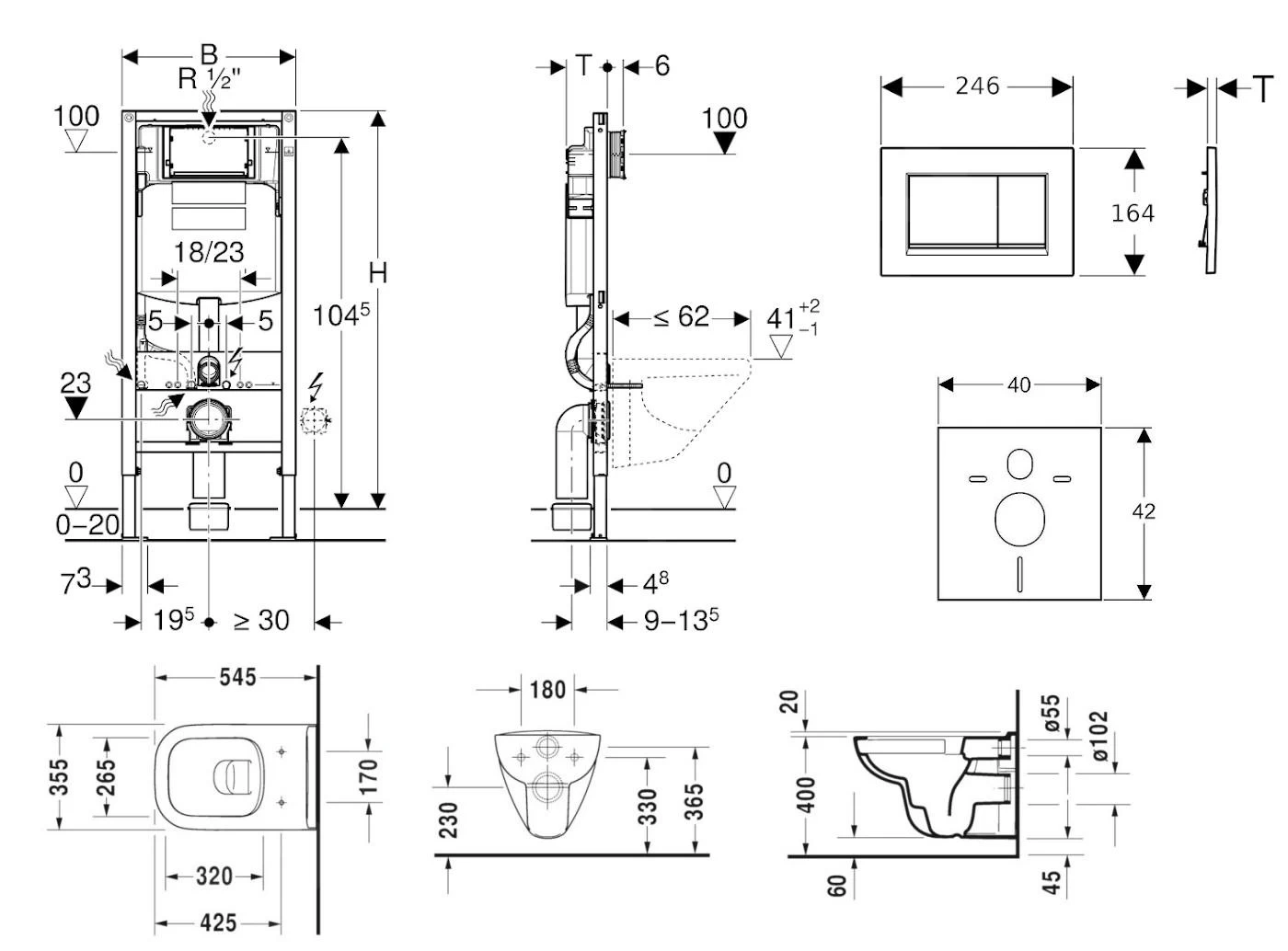 Geberit Duofix - Toiletset Met Sigma30 Bedieningsplaat, Glanzend Chroom/mat Chroom + Duravit D-Code Hangend Toilet En Wc Bril, Rimless, SoftClose 111.300.00.5 NH6 - Afbeelding 2