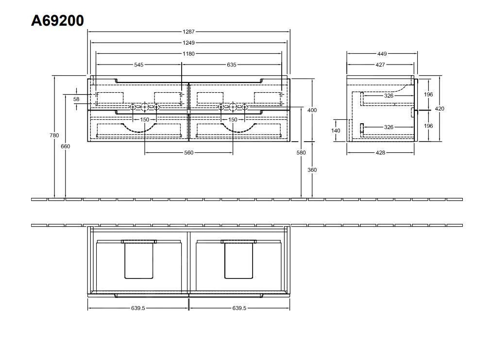 Villeroy & Boch Subway 2.0 - Wastafelkast, 1287x420x449 Mm, 4 Laden, Mat Wit A69200MS - Afbeelding 2