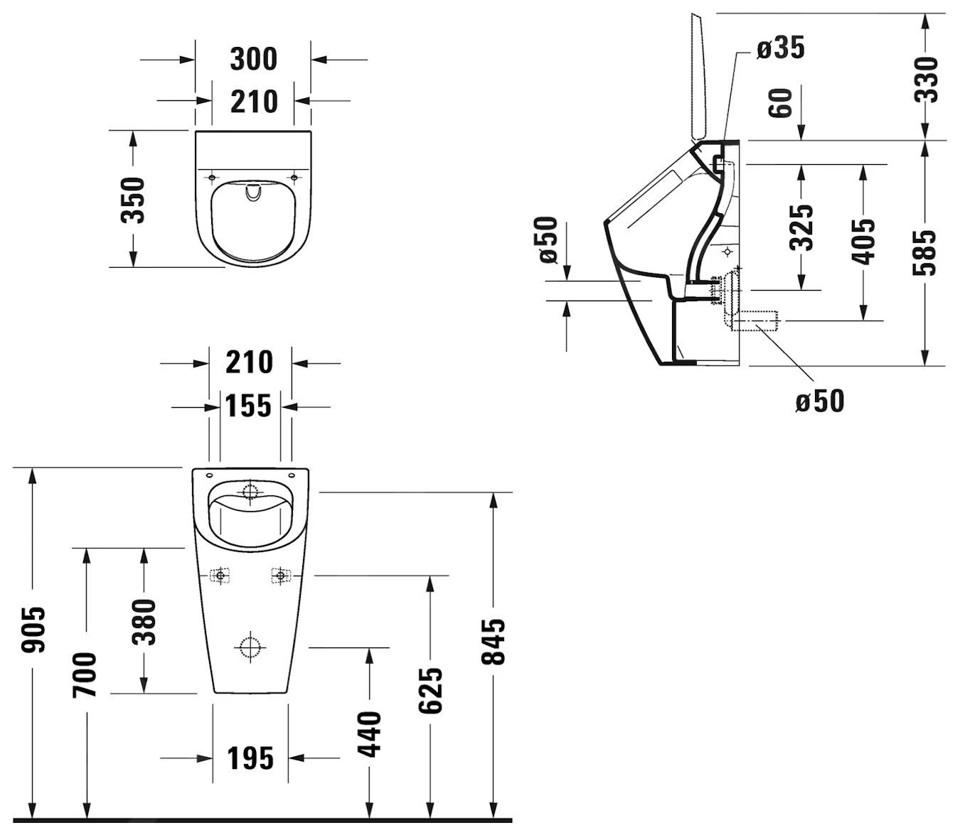 Duravit ME By Starck - Urinoir Uitvoering Voor Deksel, Verdekte Toevoer, Rimless, Met WonderGliss, Wit/mat Wit 28123026001 - Afbeelding 2