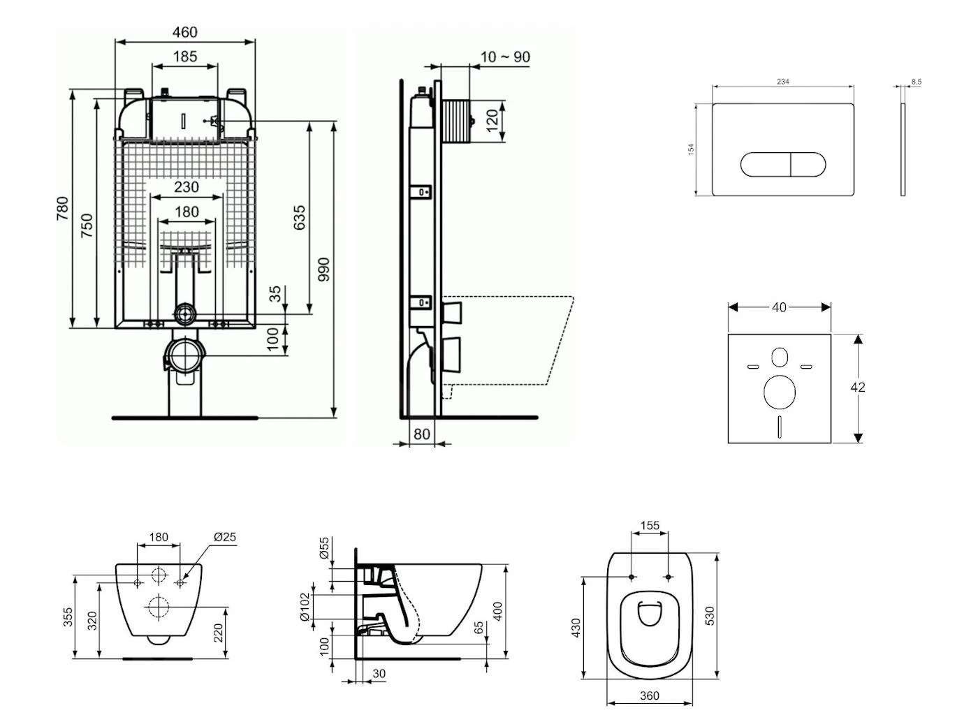 Ideal Standard ProSys - Toiletset- Inbouwreservoir, Closet, WC-zitting Tesi, Oleas M1 Bedieningsplaat, Aquablade, Softclose, Mat Chroom ProSys80M SP77 - Afbeelding 2
