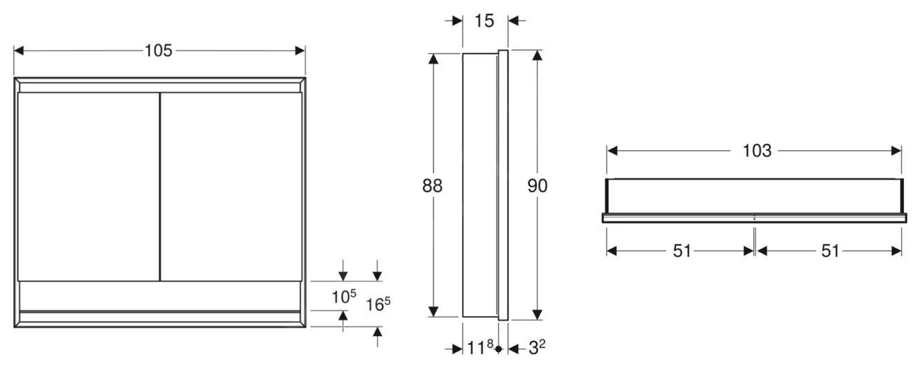 Geberit ONE - Spiegelkast Met LED-verlichting, 1050x900x150 Mm, 2 Deuren, Met Nis, Inbouw, Aluminium 505.824.00.1 - Afbeelding 2