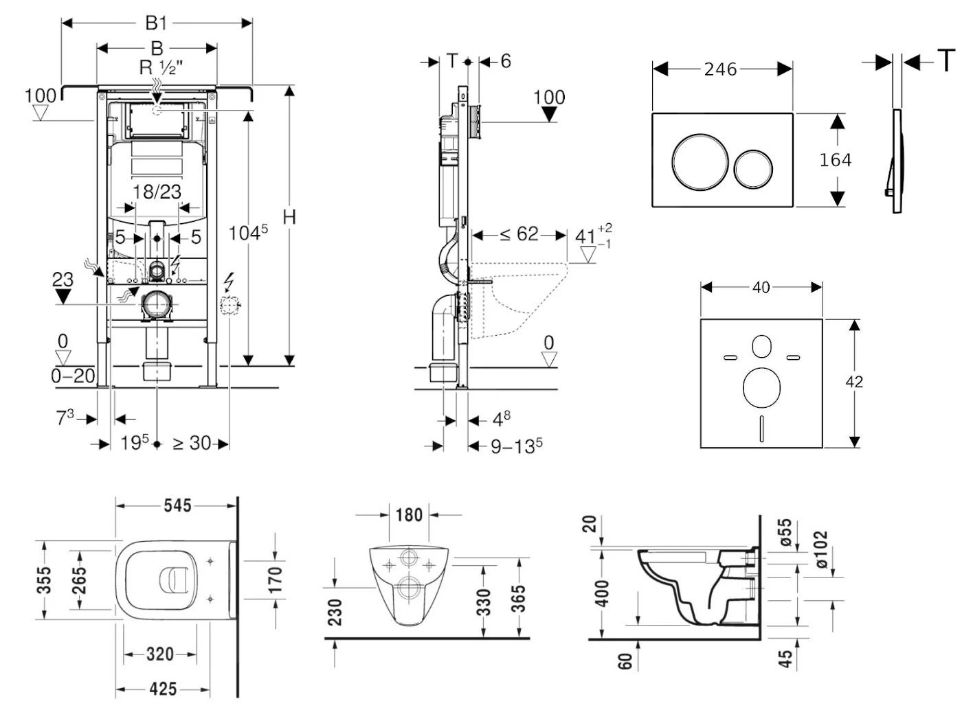 Geberit Duofix - Toiletset Met Sigma20 Bedieningsplaat, Wit/glazend Chroom + Duravit D-Code Hangend Toilet En Wc Bril, Rimless, SoftClose 111.355.00.5 NH4 - Afbeelding 2